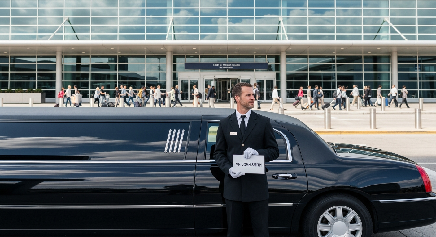Carmel Limo airport transfer service vehicle parked at terminal entrance