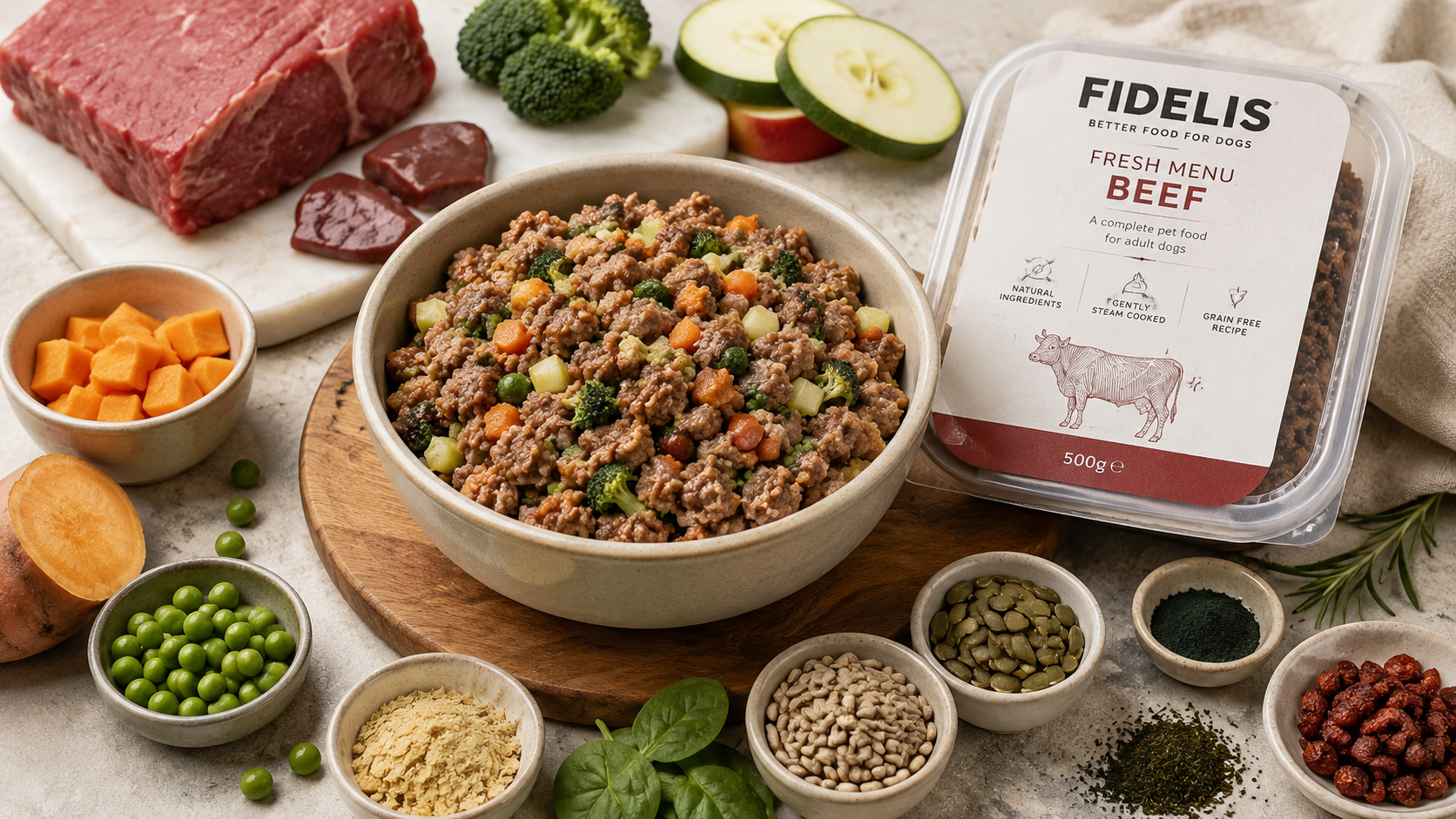 FIDELIS Fresh Beef Menu for dogs featuring steam-cooked beef with carrots, peas, broccoli, sweet potato, spinach, and other natural ingredients alongside the product packaging.