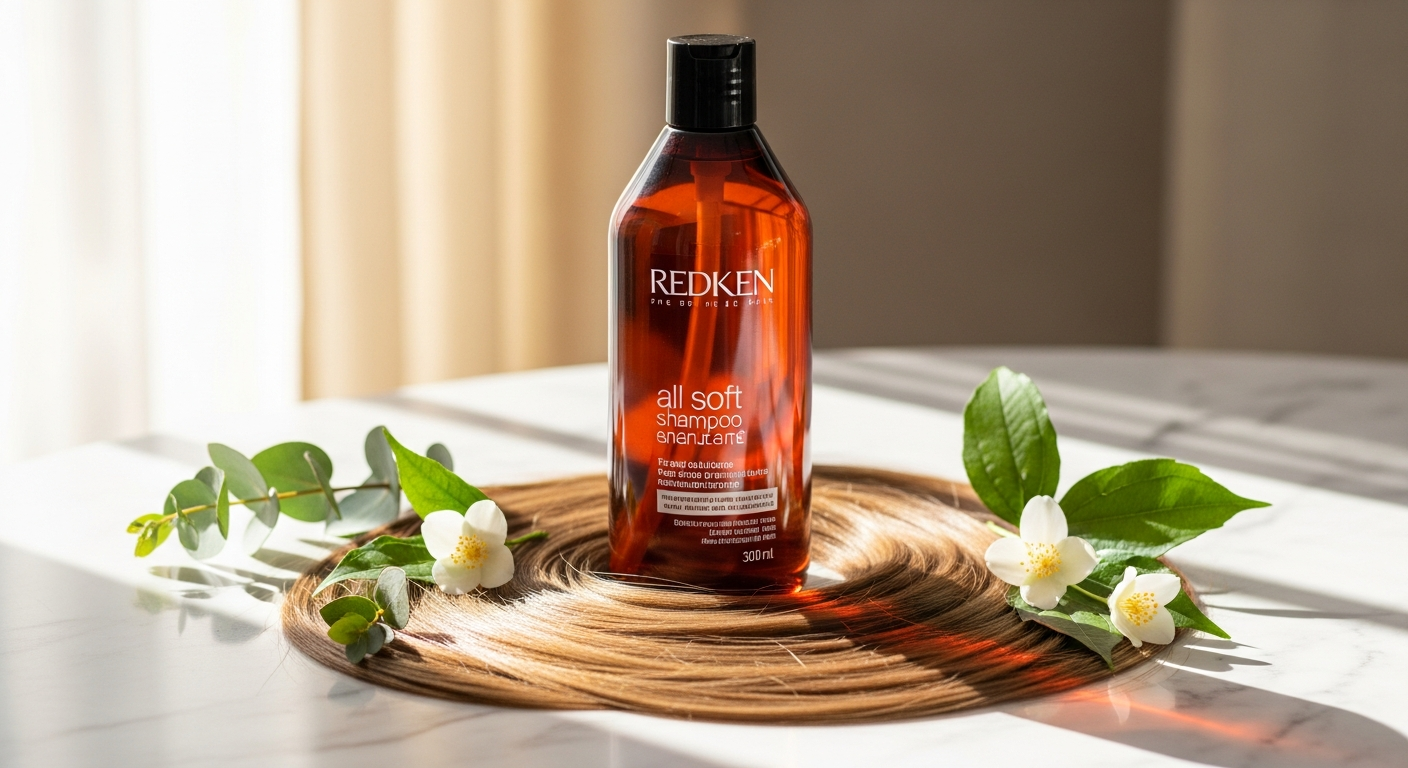 Redken All Soft Shampoo bottle with argan oil and dry hair texture background