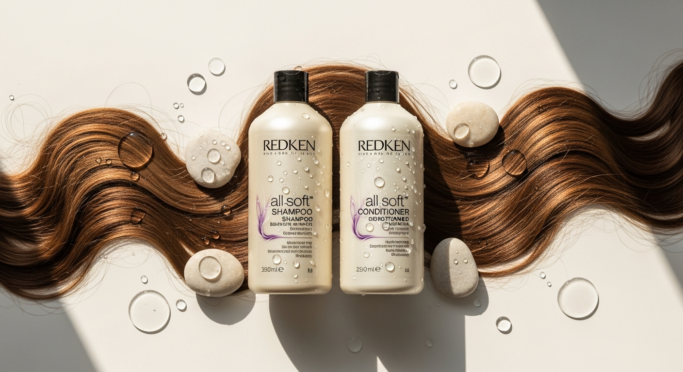 Redken All Soft Shampoo and Conditioner bottles with argan oil and silky smooth hair