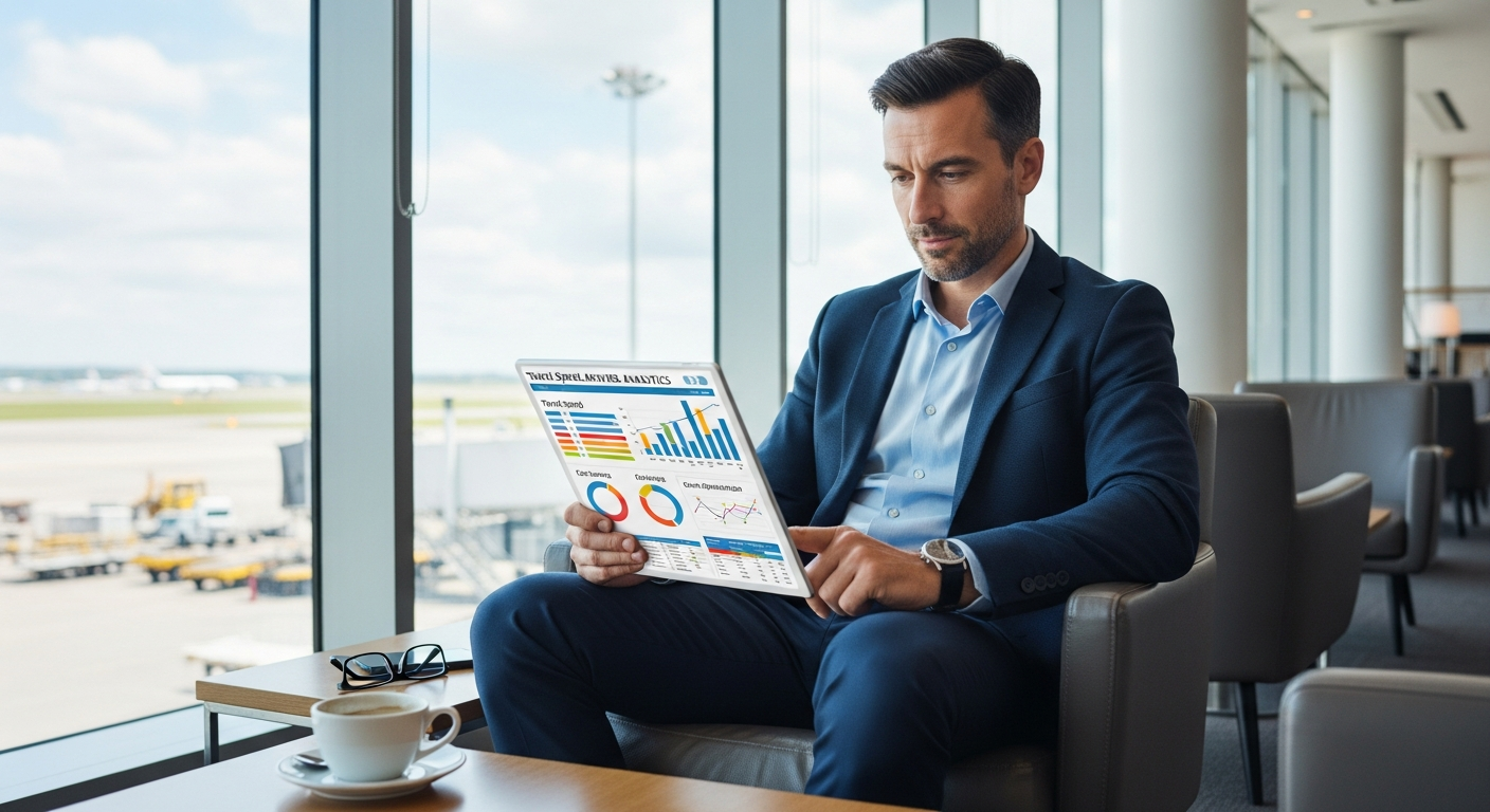 Corporate travel manager using City.Travel booking platform on laptop dashboard