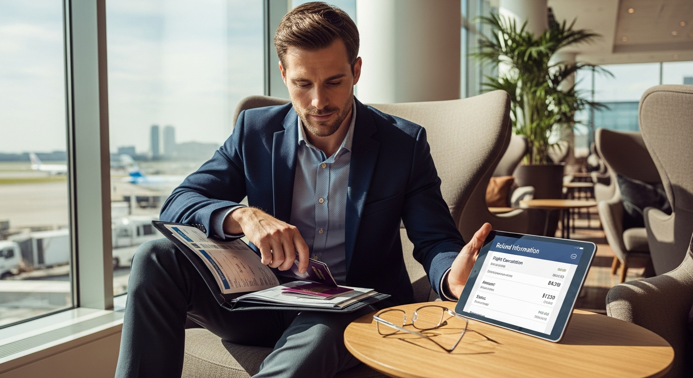 Frustrated traveler reviewing flight booking refund policy on laptop screen