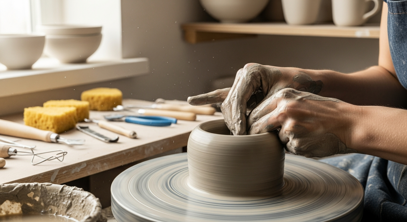 pottery wheel throwing class with hands shaping clay on spinning wheel
