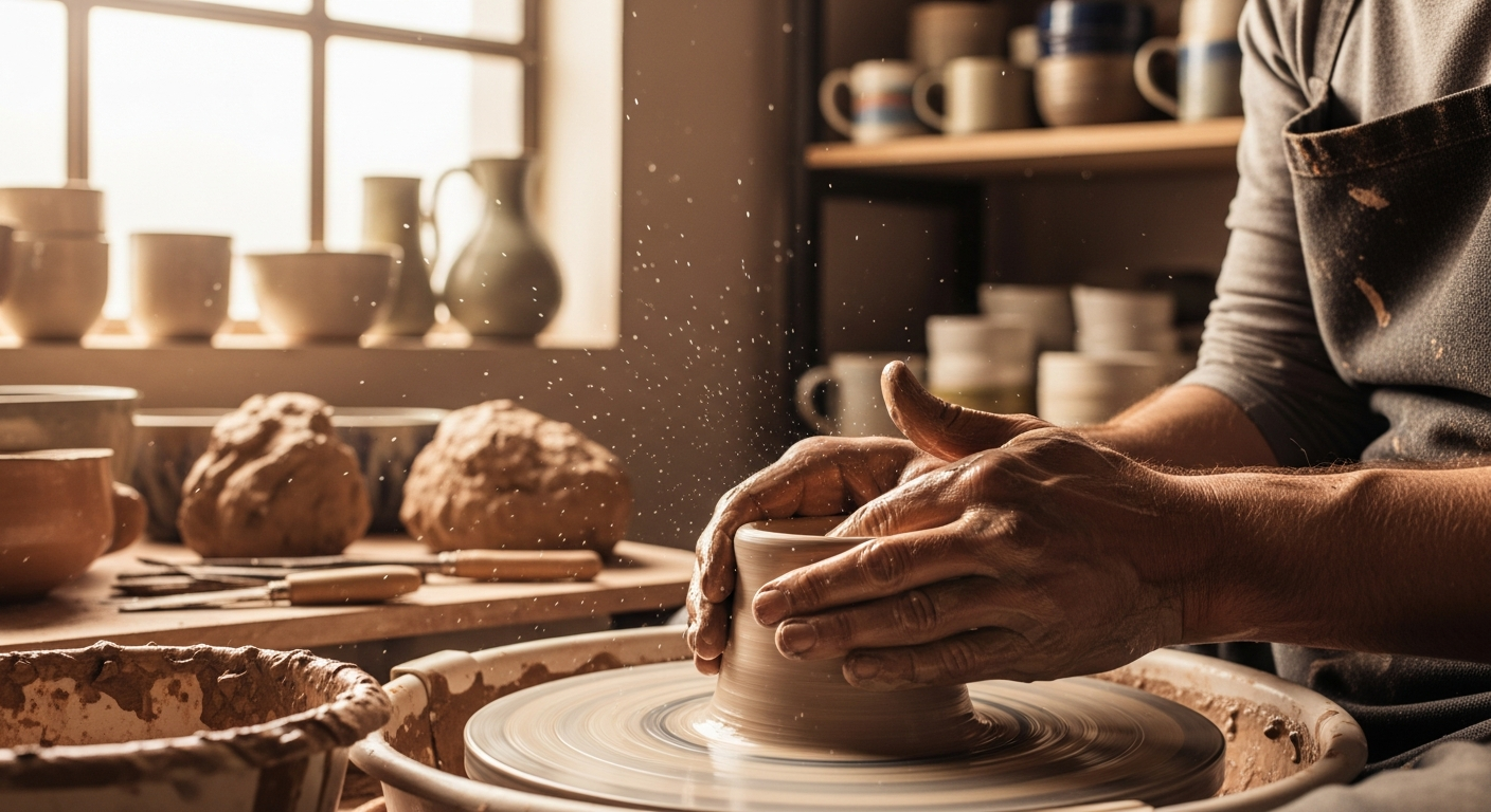Pottery wheel throwing taster class with hands shaping clay