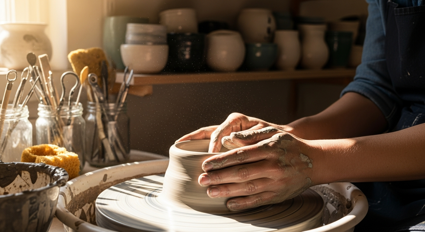Potter's wheel with hands shaping clay during a pottery class session