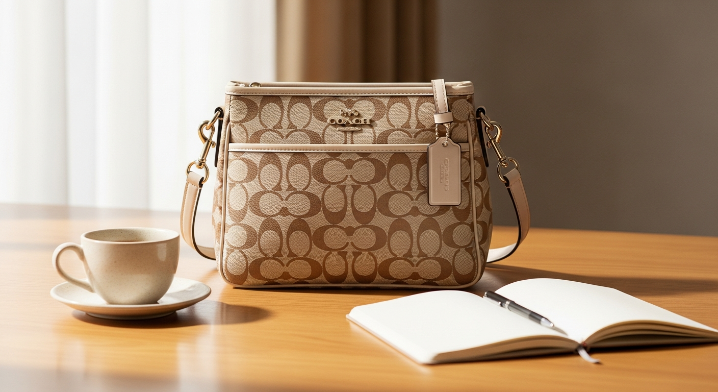 Coach Nolita 19 Signature Canvas shoulder bag in neutral tone displayed on white background