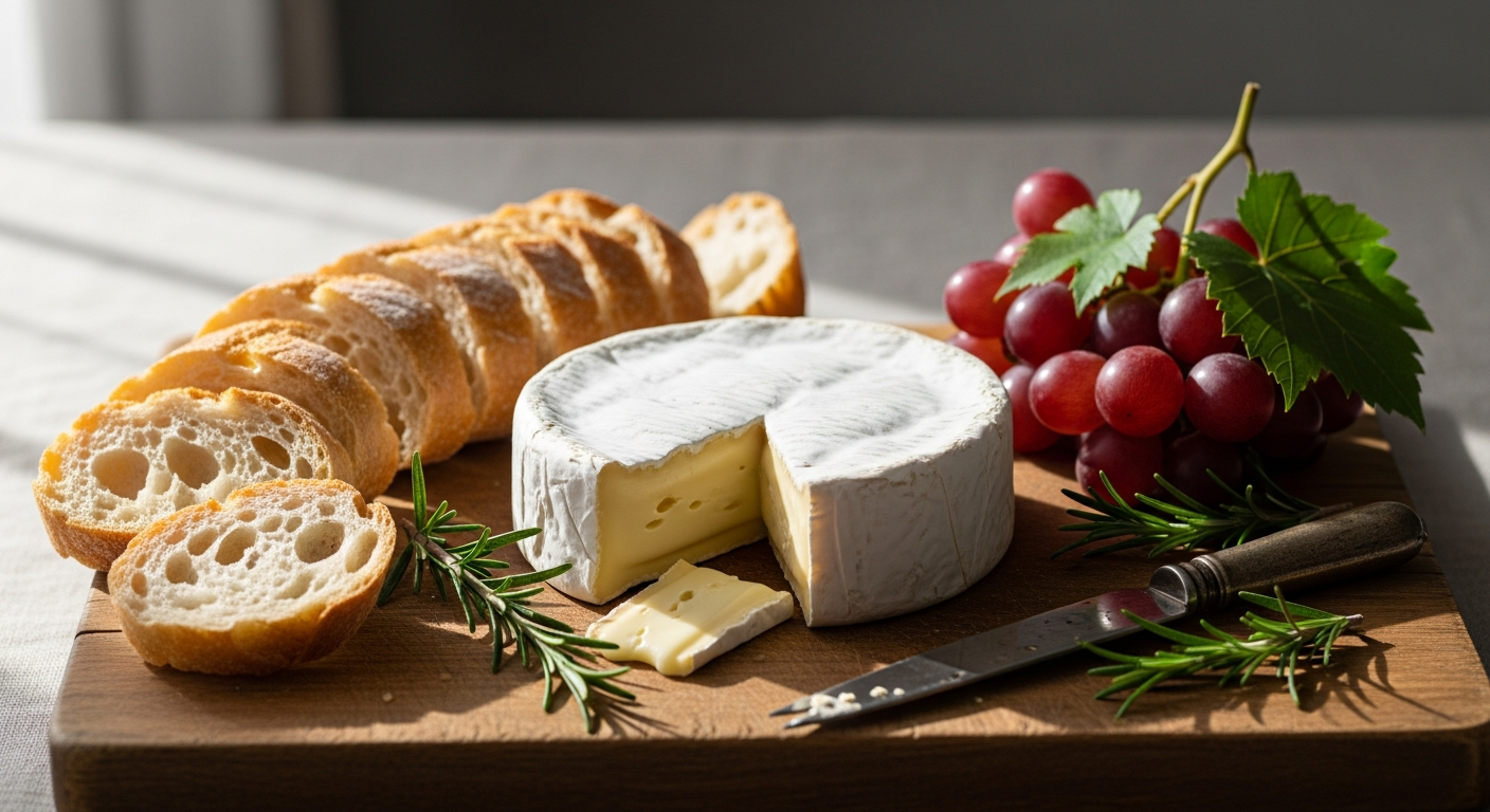 Creamy Courses U Signature Brie Cheese wheel with white rind on wooden board