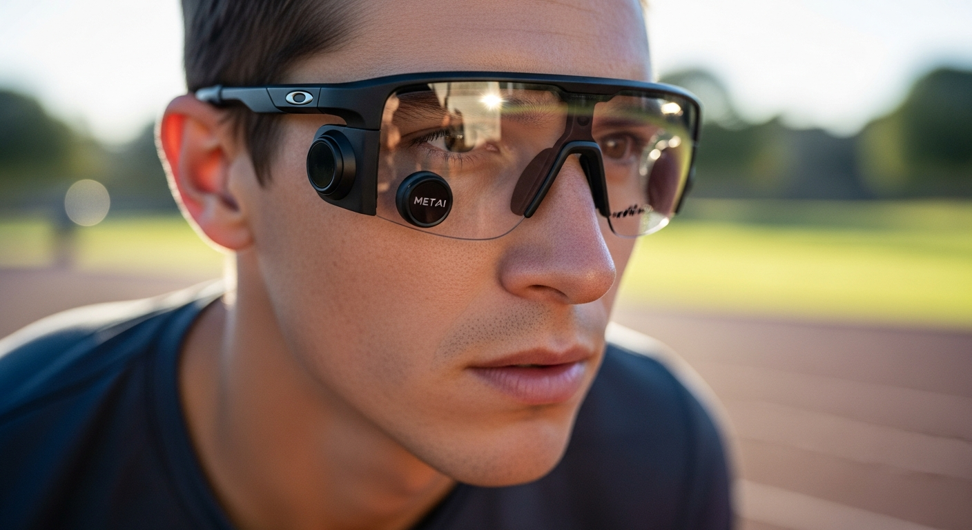 Oakley Meta AI Smart Glasses displaying real-time athletic performance metrics during outdoor training session