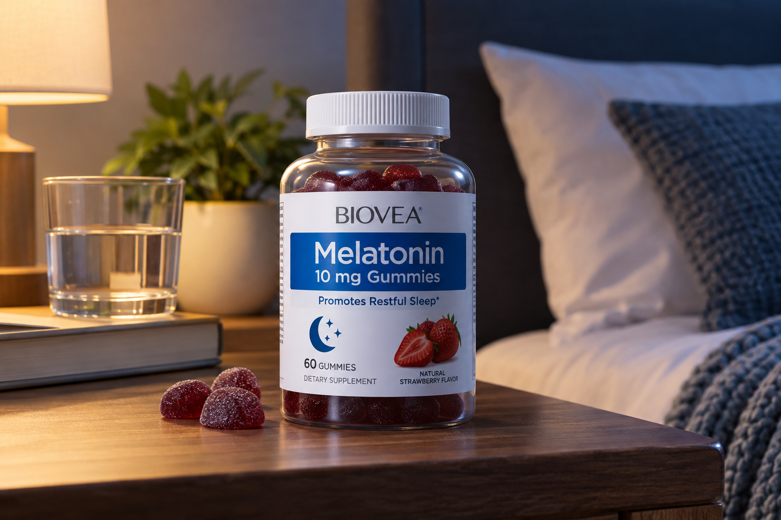 Biovea Melatonin 10mg Gummies in mixed berry flavor displayed in a realistic product setting.
