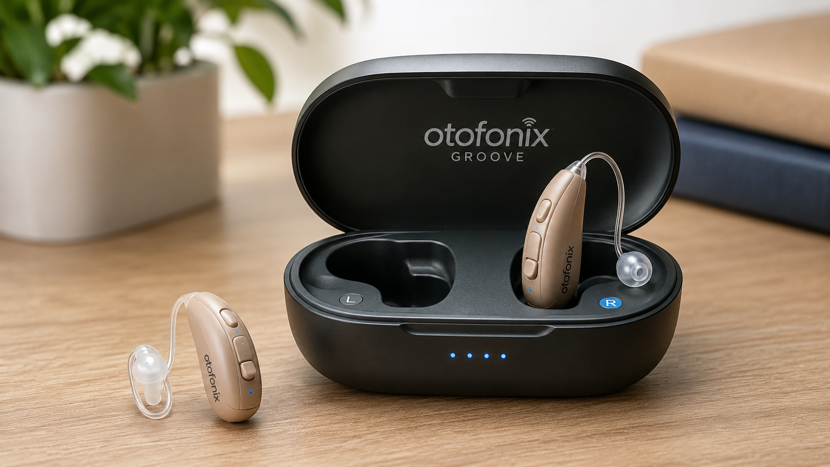 Otofonix Groove rechargeable hearing aids with portable charging case on a wooden table, featuring discreet behind-the-ear design for mild to moderate hearing loss.