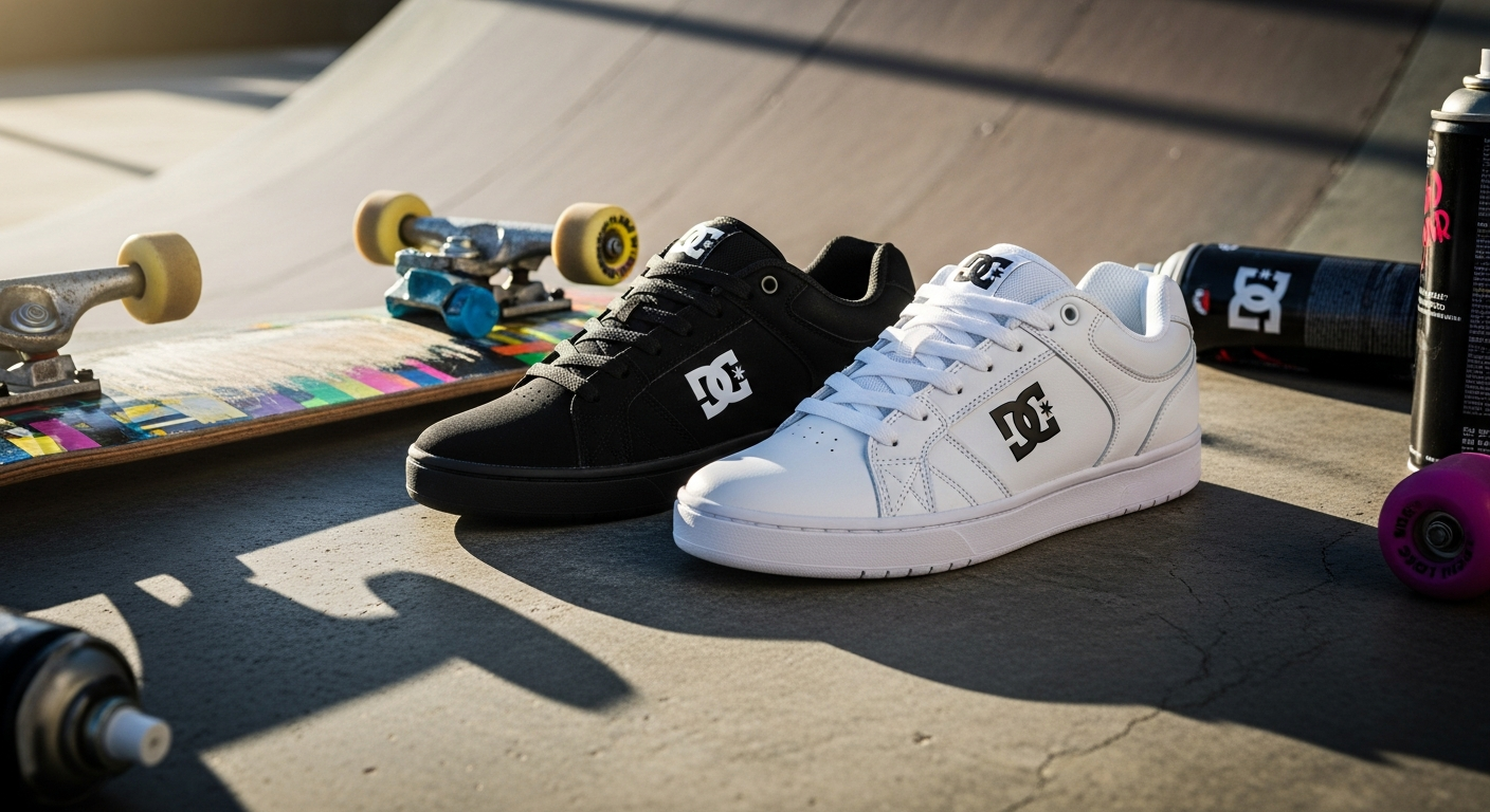 DC Court Graffik skate shoes displayed on concrete surface with skateboard