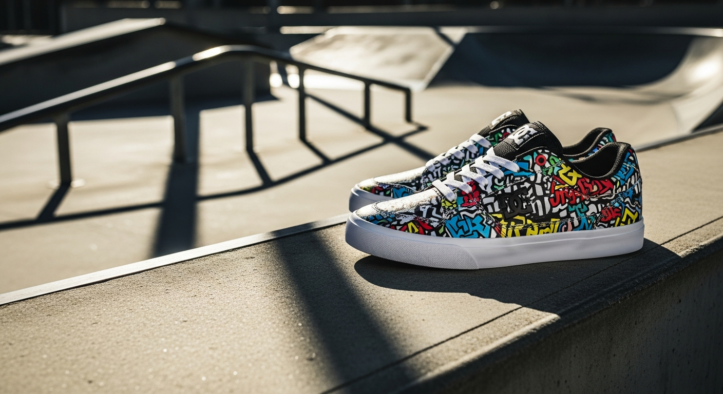 DC Court Graffik skate shoes in black leather with padded collar displayed on concrete