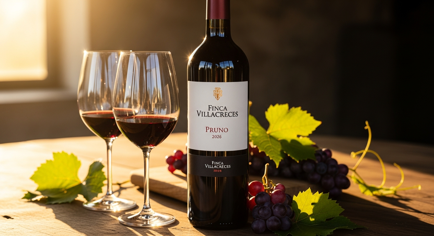 Finca Villacreces Pruno 2026 red wine bottle with glass showing ruby color