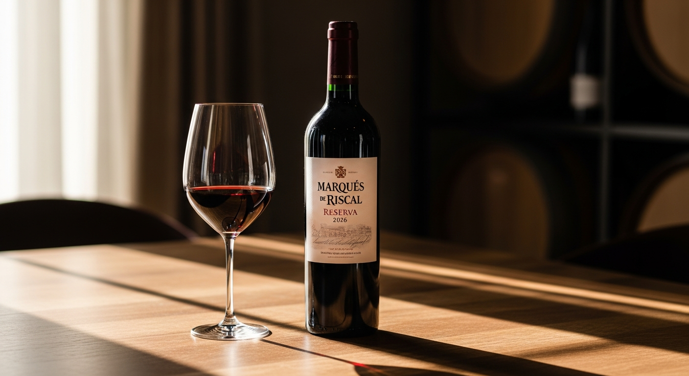 Marqués de Riscal Reserva 2026 bottle with deep red wine in glass against Spanish vineyard backdrop