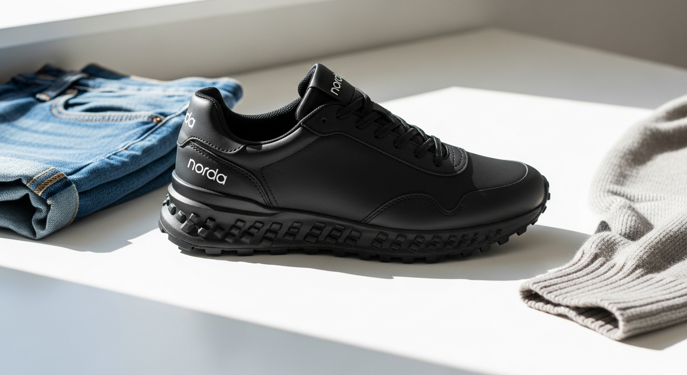 Black fabric Norda 001A designer sneakers displayed on neutral background