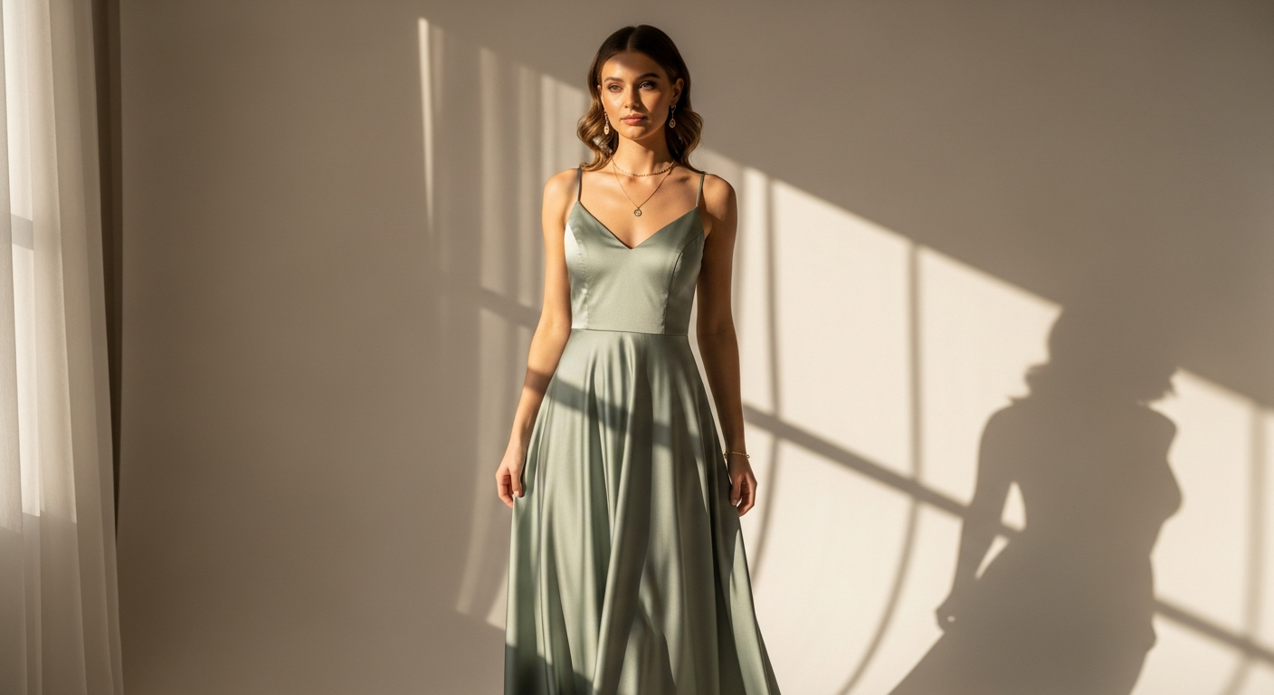 Dessy Collection Style 3169 satin maxi bridesmaid dress with scoop neck and pockets