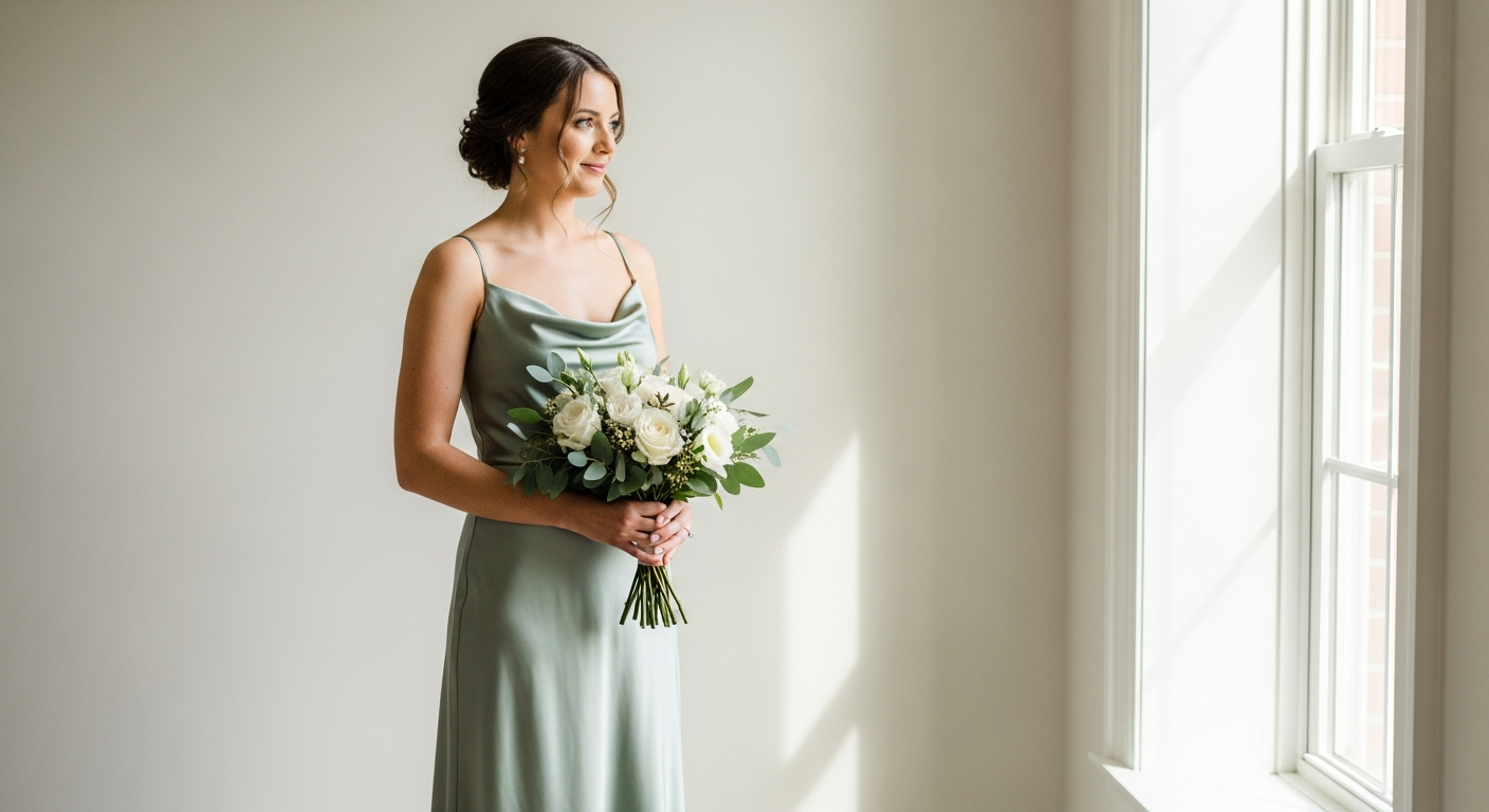 Dessy Jillian 3169 satin maxi bridesmaid dress with basque waistline and pockets
