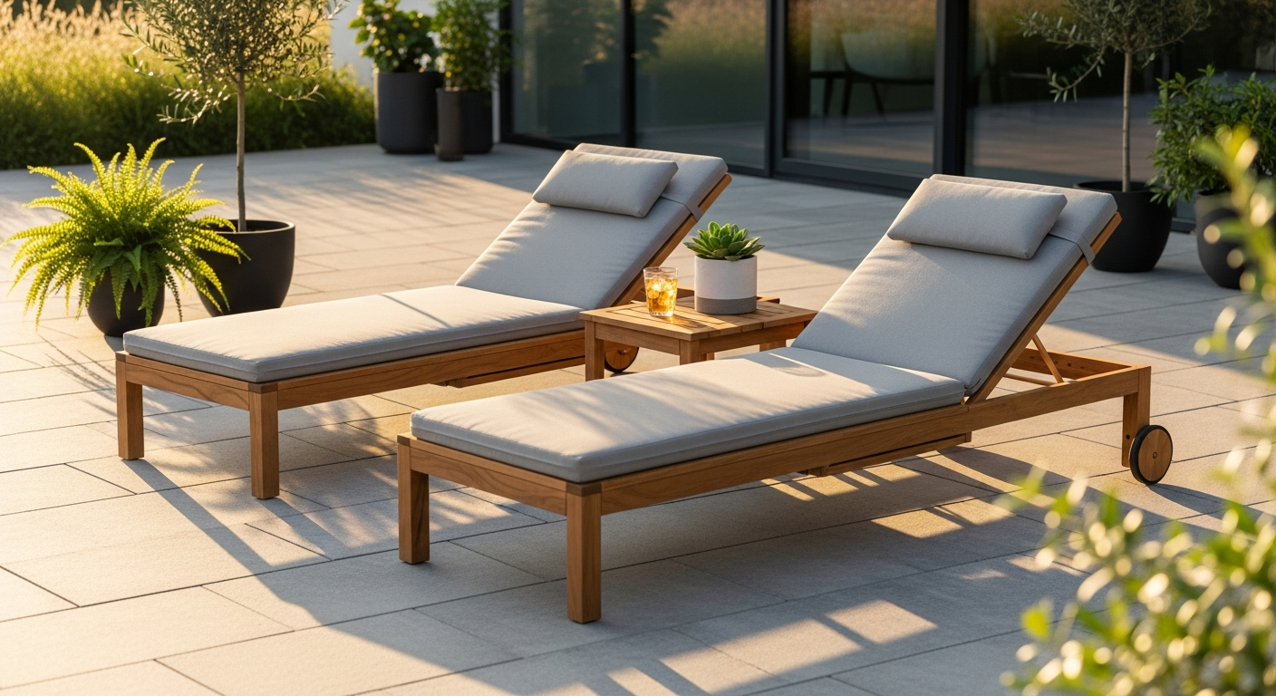 DeubaXXL Tami Sun Acacia Lounger Set on garden terrace with natural wood finish