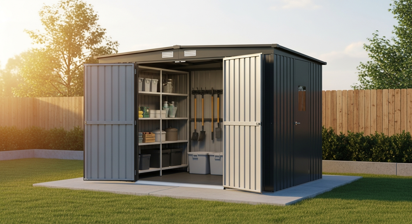 DeubaXXL Anthracite Metal Garden Shed 8x10ft exterior view showing galvanized steel construction and dual sliding doors