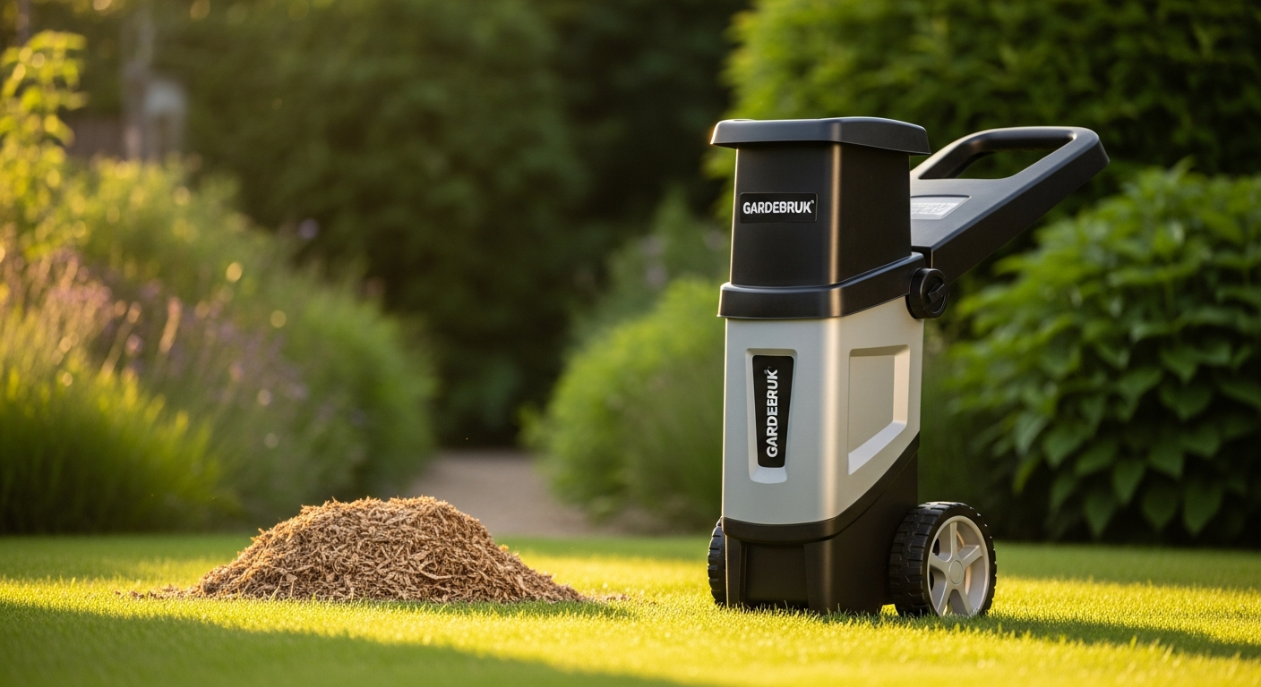 GARDEBRUK 2400W electric garden shredder with dual collection bags in garden setting