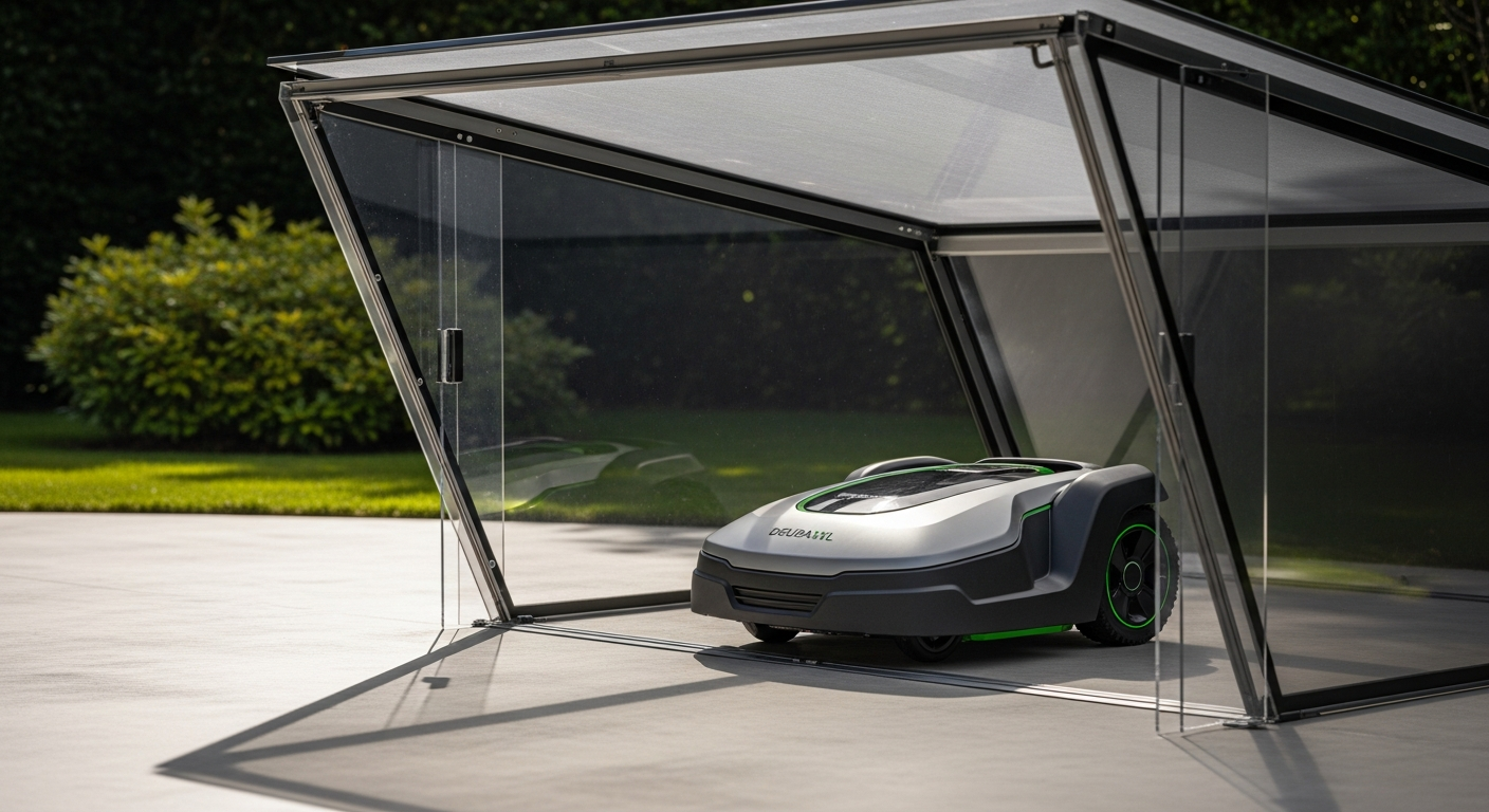 Anthracite metal robot mower garage with monopitch roof design in garden setting