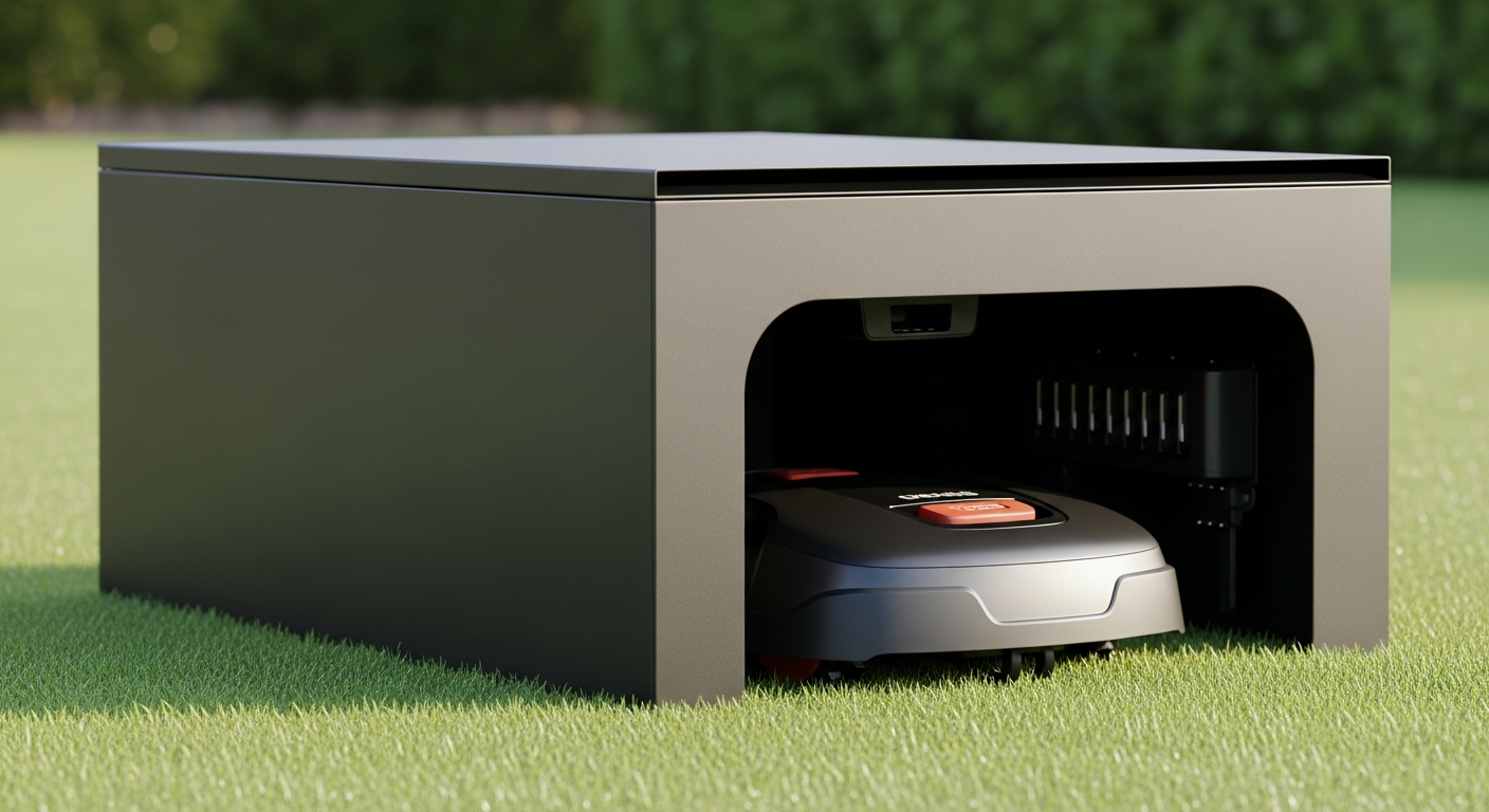 Anthracite metal robot mower garage with monopitch roof and open door