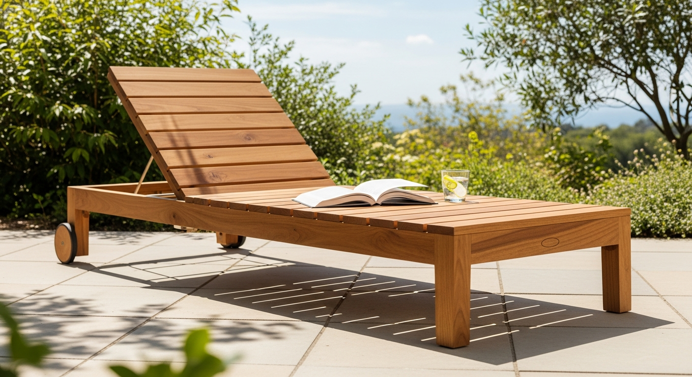 Tami Sun acacia wood garden loungers with adjustable backrest and footrest on patio