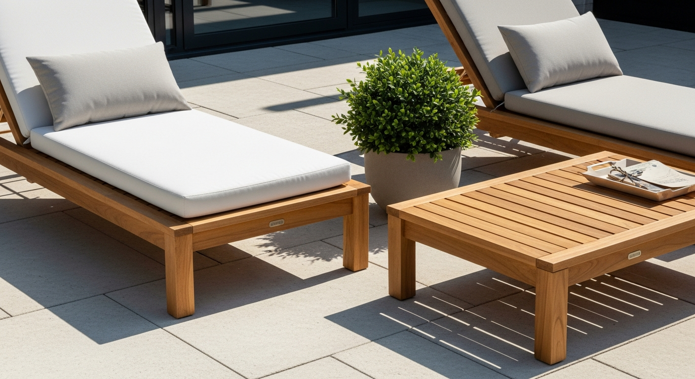 Two acacia wood garden loungers positioned in a sunny garden setting