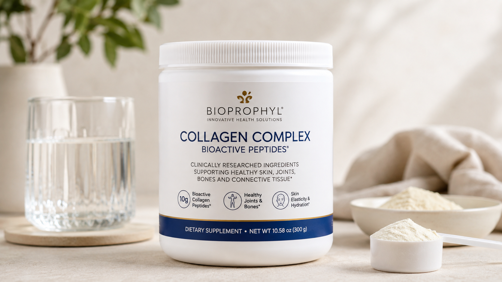 BioProphyl Collagen Complex Bioactive Peptides dietary supplement container with collagen powder and water, supporting healthy skin, joints, bones, and connective tissue.