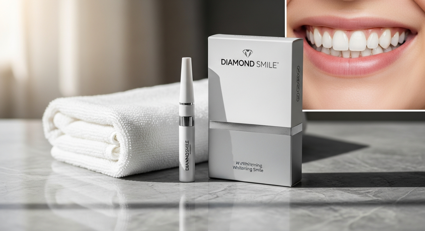 Diamond Smile Teeth Whitening Kit with LED light, gel syringes, and shade card for sensitive teeth