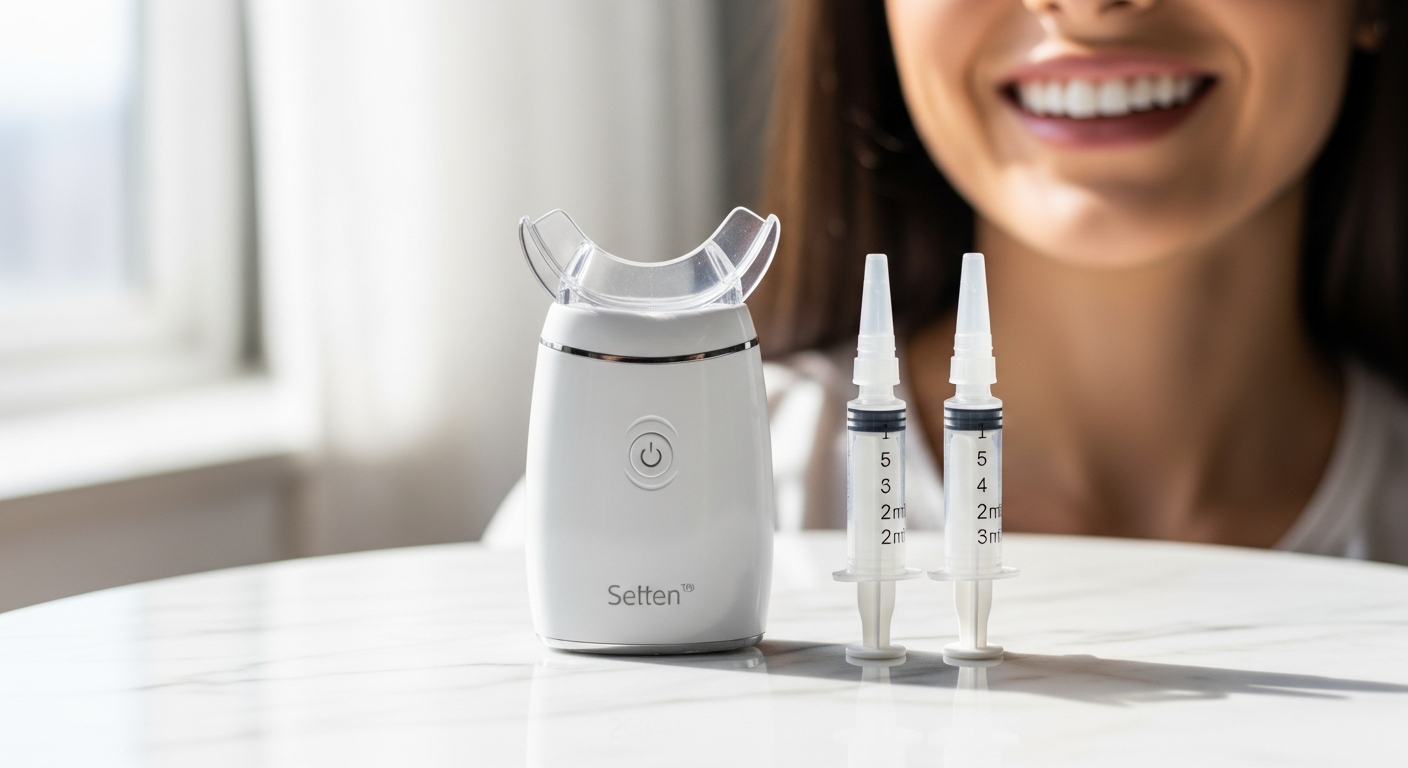 Diamond Smile Teeth Whitening Kit with LED device, custom trays, and gel vials displayed