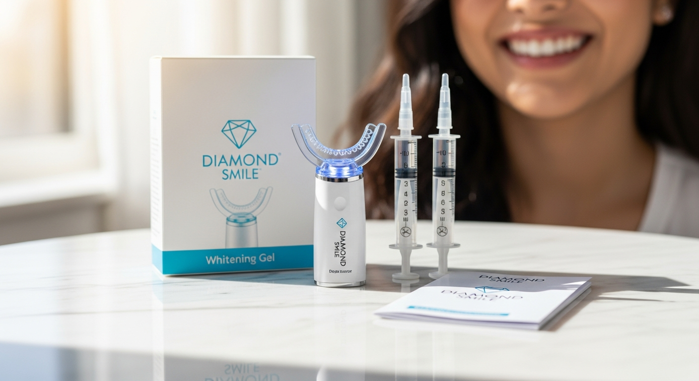 Diamond Smile Teeth Whitening Kit with LED light and gel components displayed