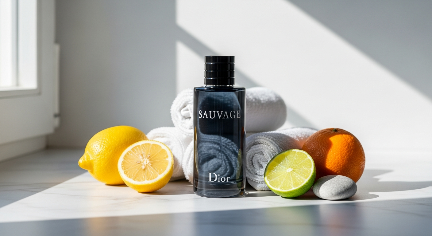Dior Sauvage Shower Gel bottle with blue packaging and amber liquid displayed