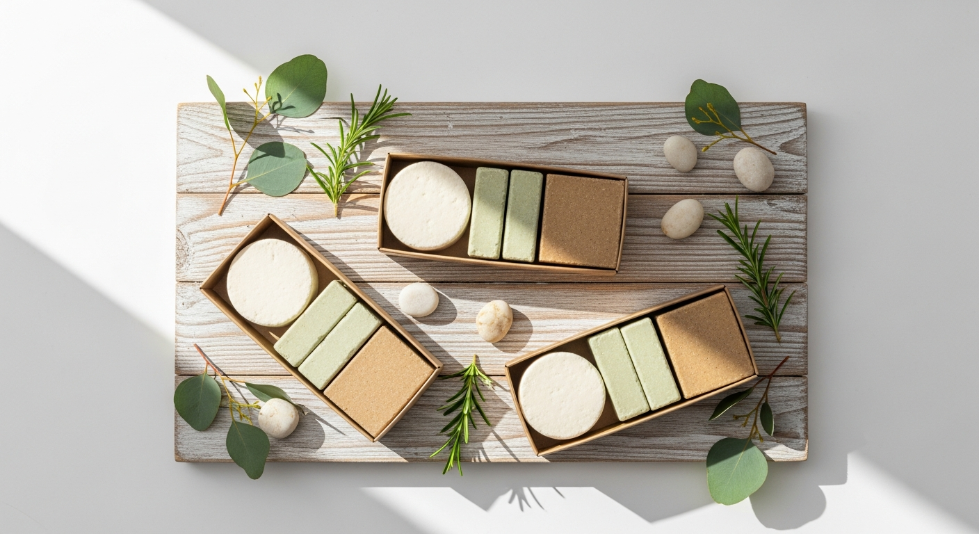 Duschbrocken Nachfüllset four solid shampoo shower bars in colorful packaging