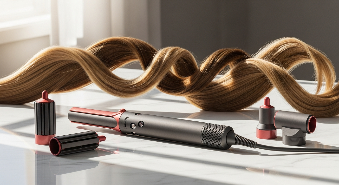 Dyson Airwrap Multi-Styler with various styling attachments and barrels displayed