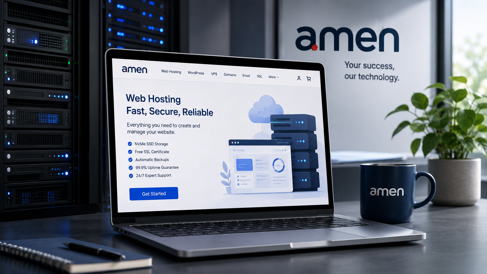Amen Web Hosting dashboard displayed on a laptop beside enterprise server racks, showcasing secure web hosting, WordPress hosting, VPS, domains, SSL certificates, and cloud hosting services in a modern office.