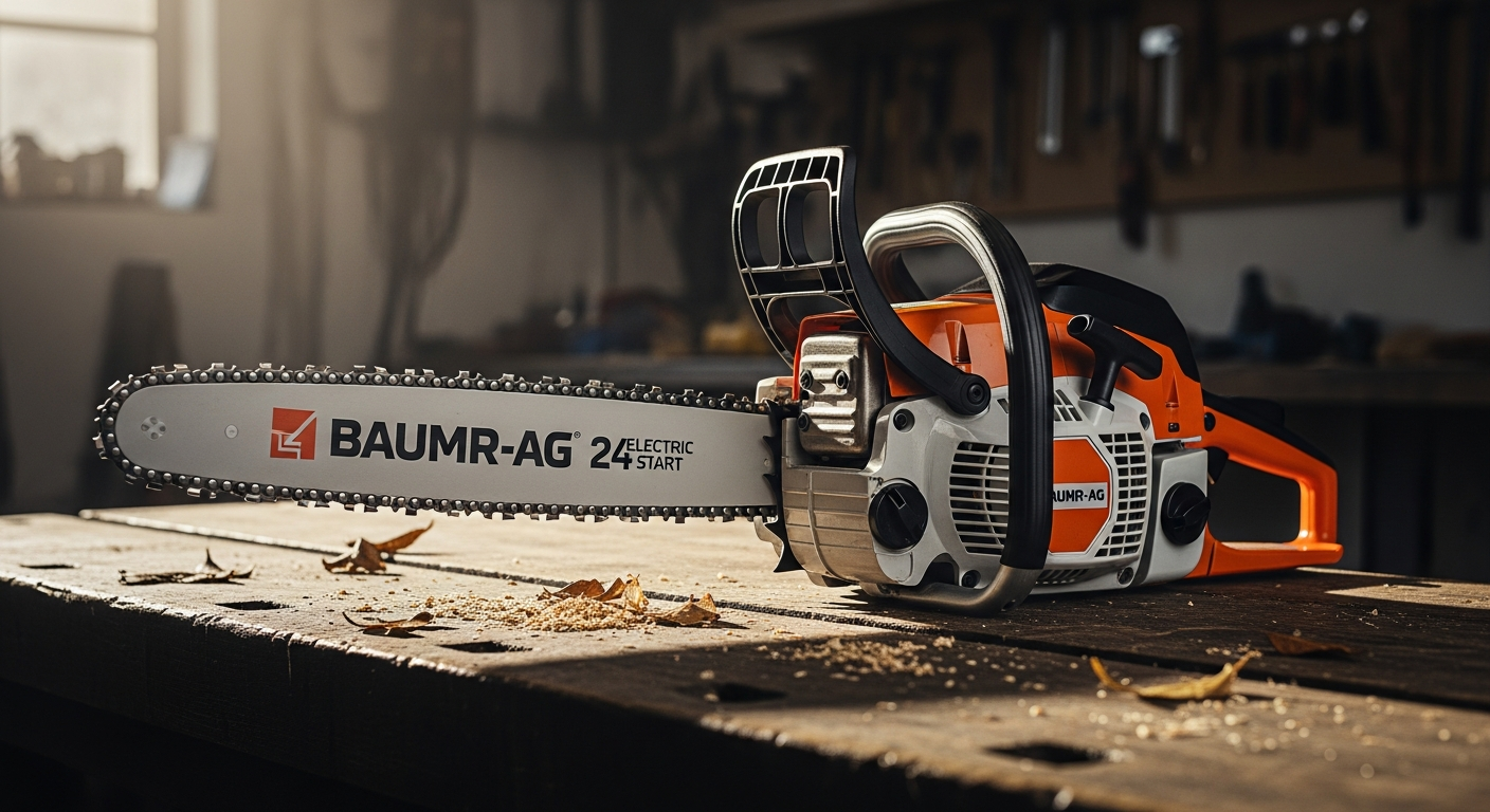 BAUMR-AG 24 inch petrol chainsaw with E-Start system displayed on work surface