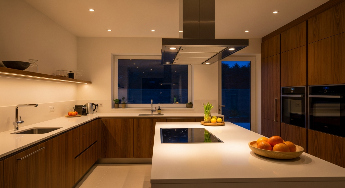 Namron Alfa Eco WarmDim Downlight with adaptive color temperature technology installed in modern ceiling