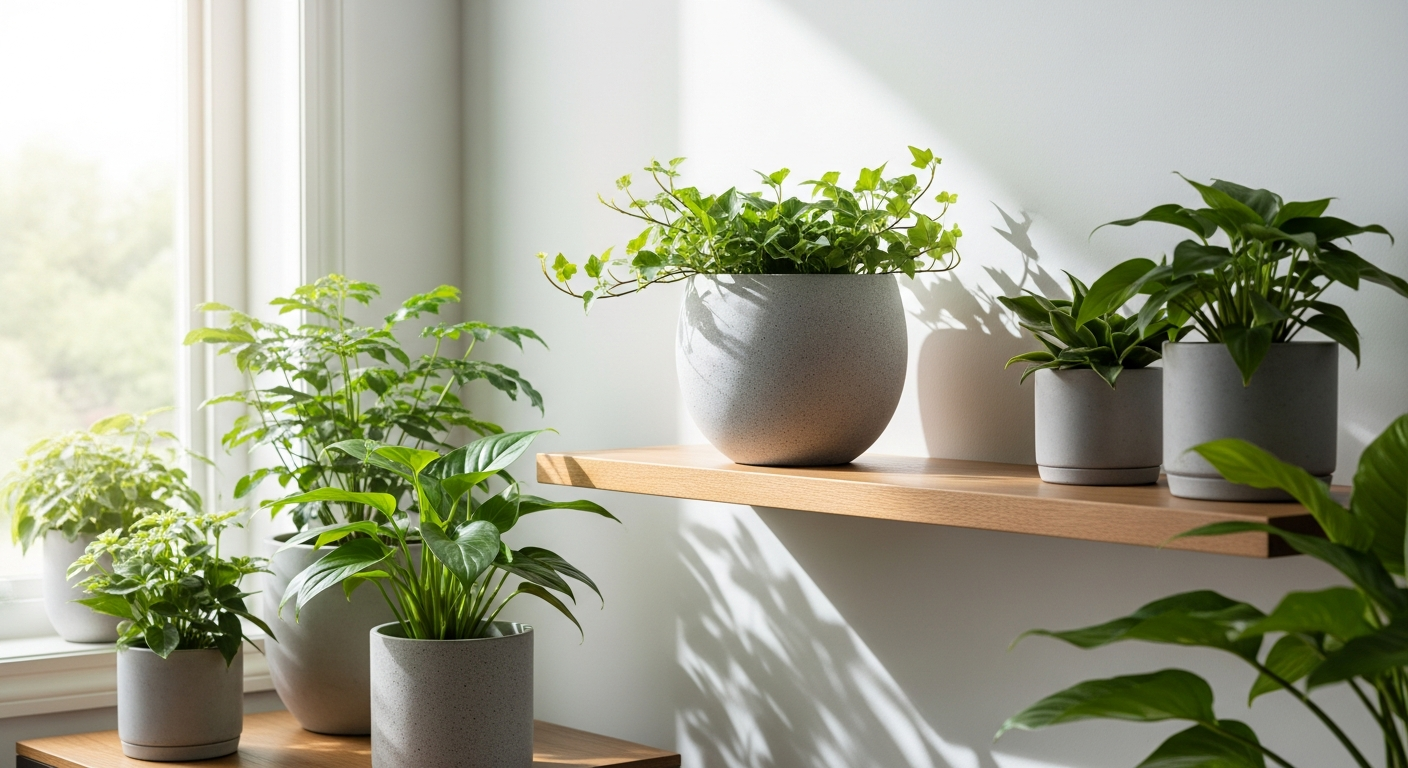 Ecopots Amsterdam Round Planter in minimalist modern home setting with green plant