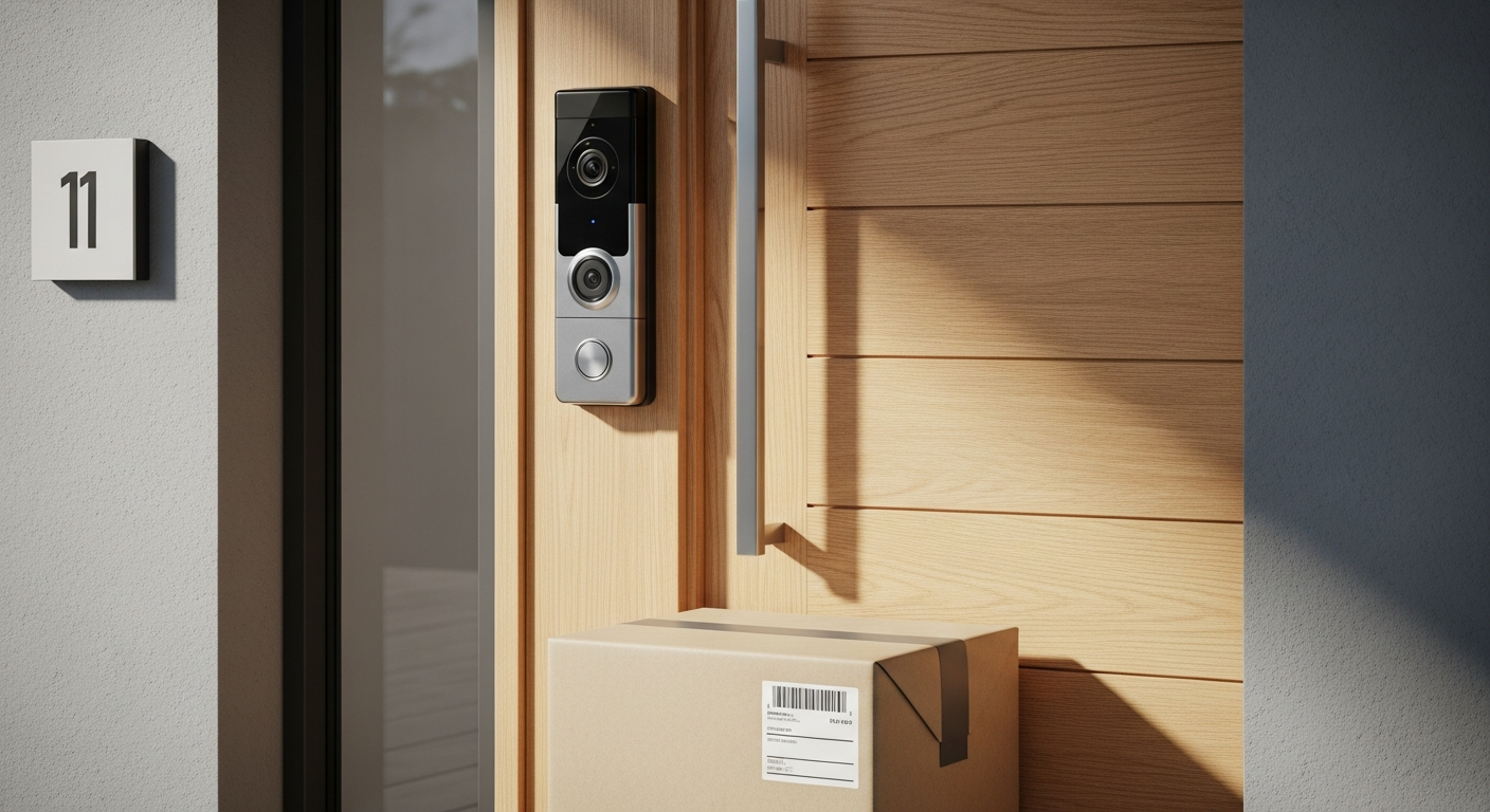 Eufy E340 Dual Camera Video Doorbell mounted on modern home entrance with package visible