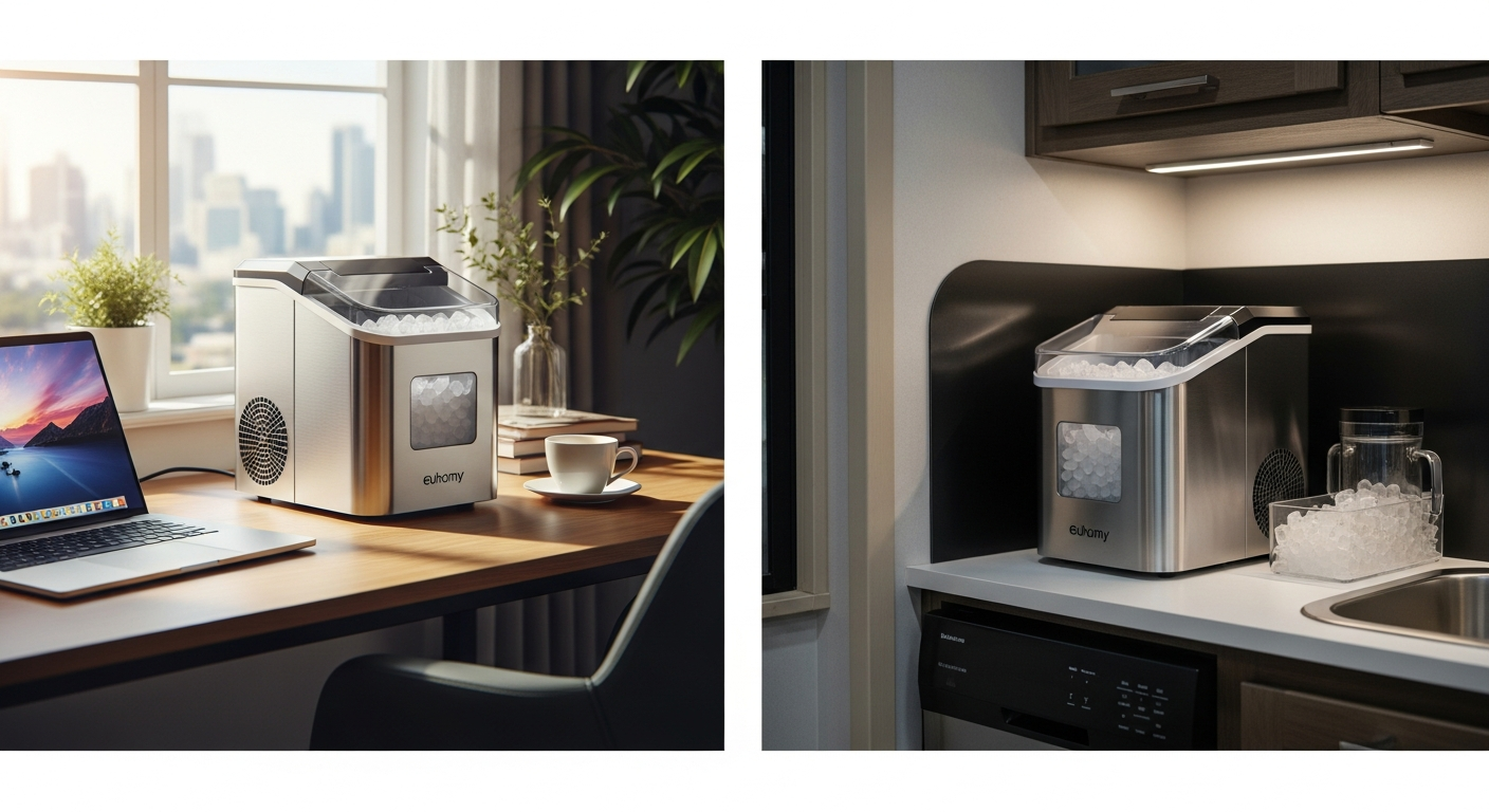 Euhomy Smart Countertop Nugget Ice Maker on kitchen counter producing ice