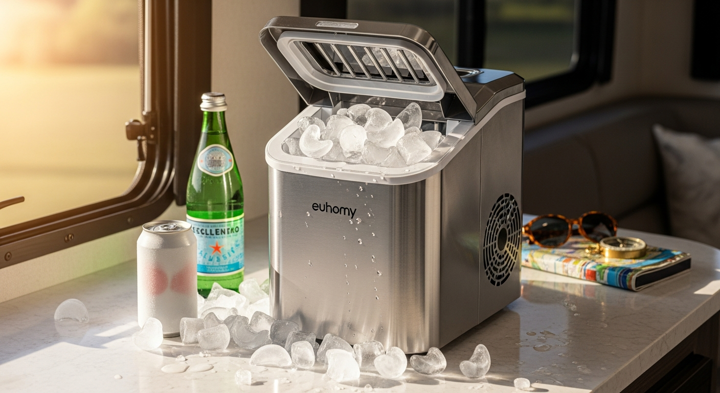 Euhomy portable countertop bullet ice maker on kitchen counter producing fresh ice