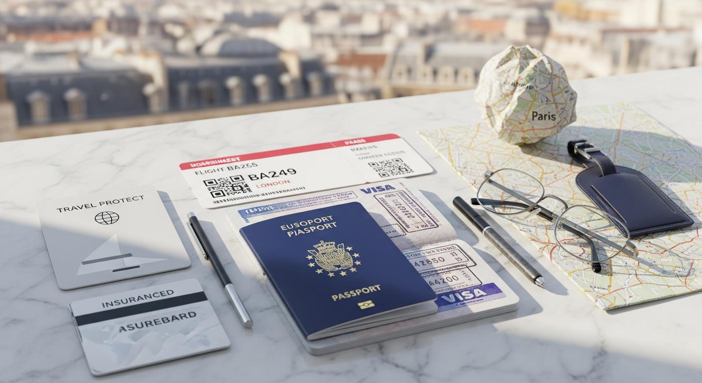 Europ Assistance Schengen travel insurance policy document with €30,000 medical coverage certificate displayed on laptop screen