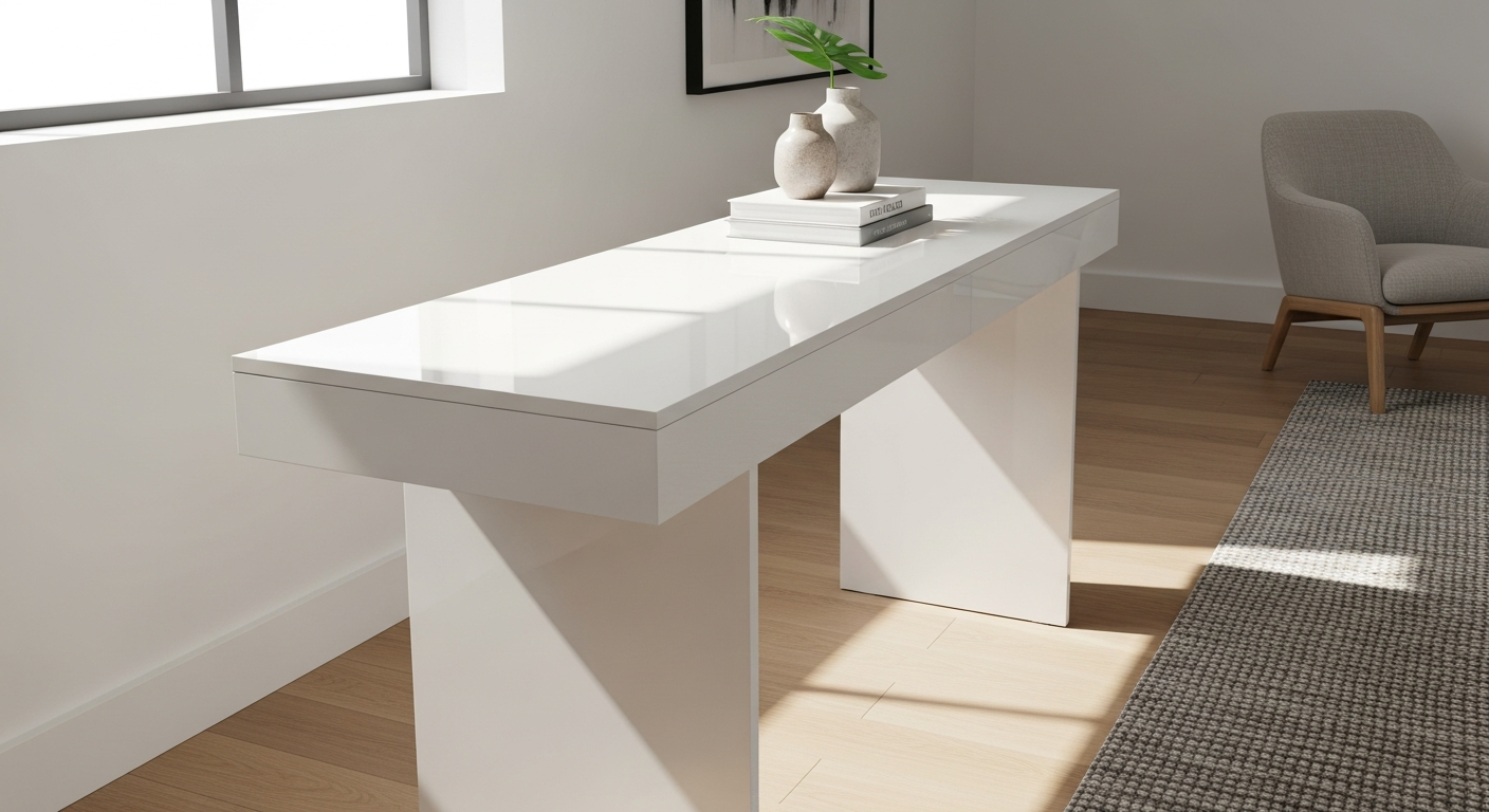 White gloss extensible console table fully extended in modern dining room setting