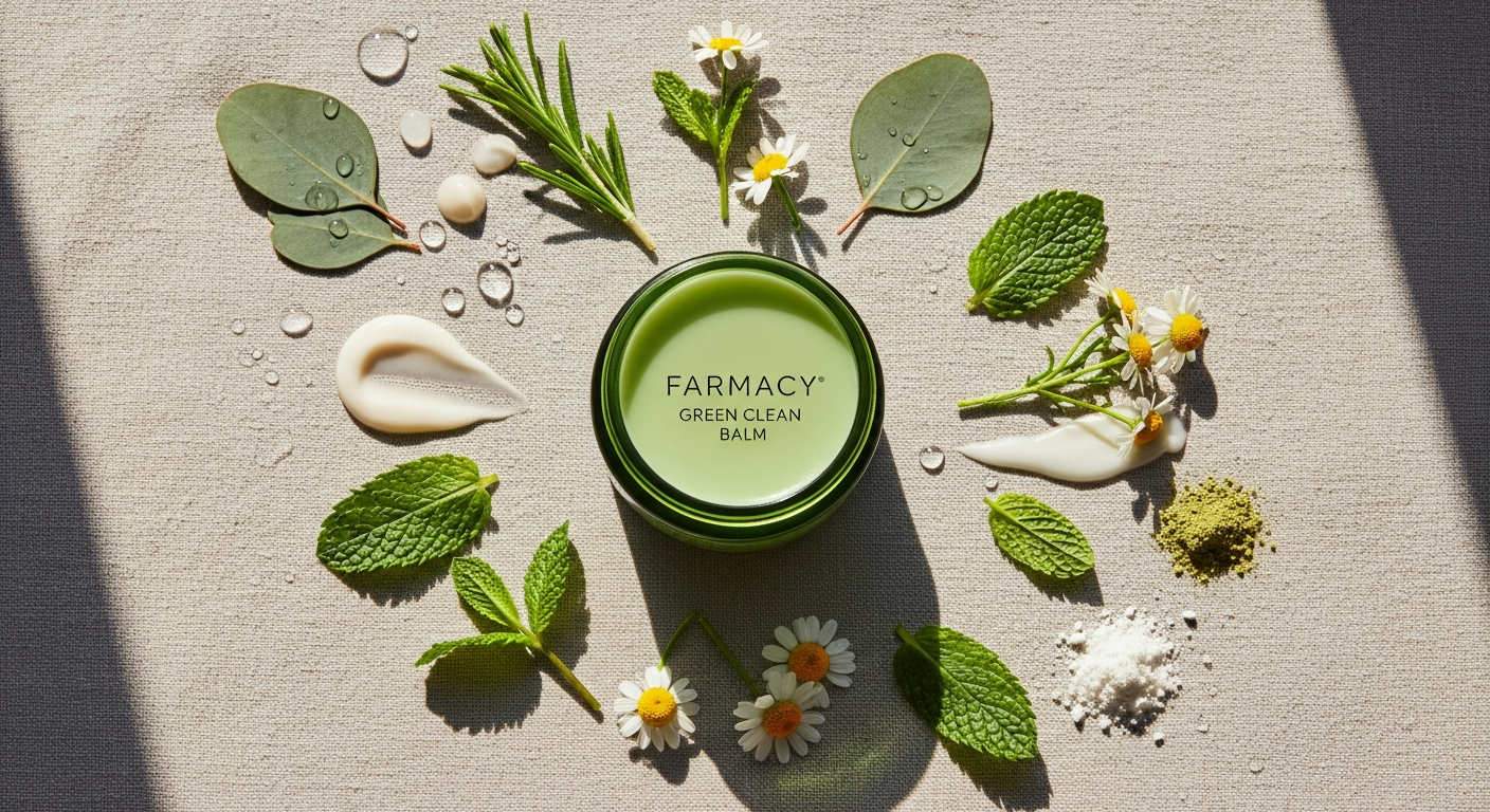 Farmacy Green Clean Cleansing Balm jar with green sorbet-like texture and spatula applicator