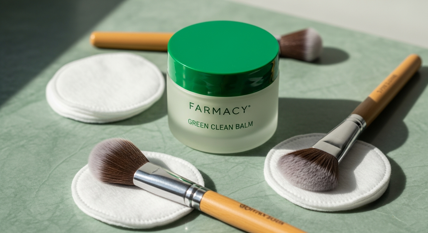 Farmacy Green Clean Makeup Meltaway Cleansing Balm in glass jar with spatula
