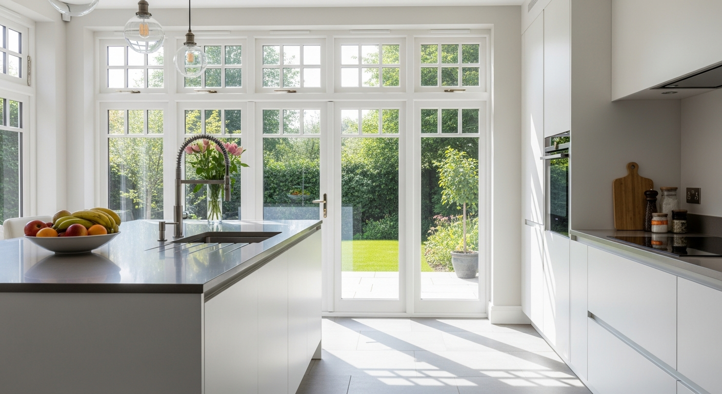 Fenetre24 customizable PVC French windows for garden room with natural light and outdoor view