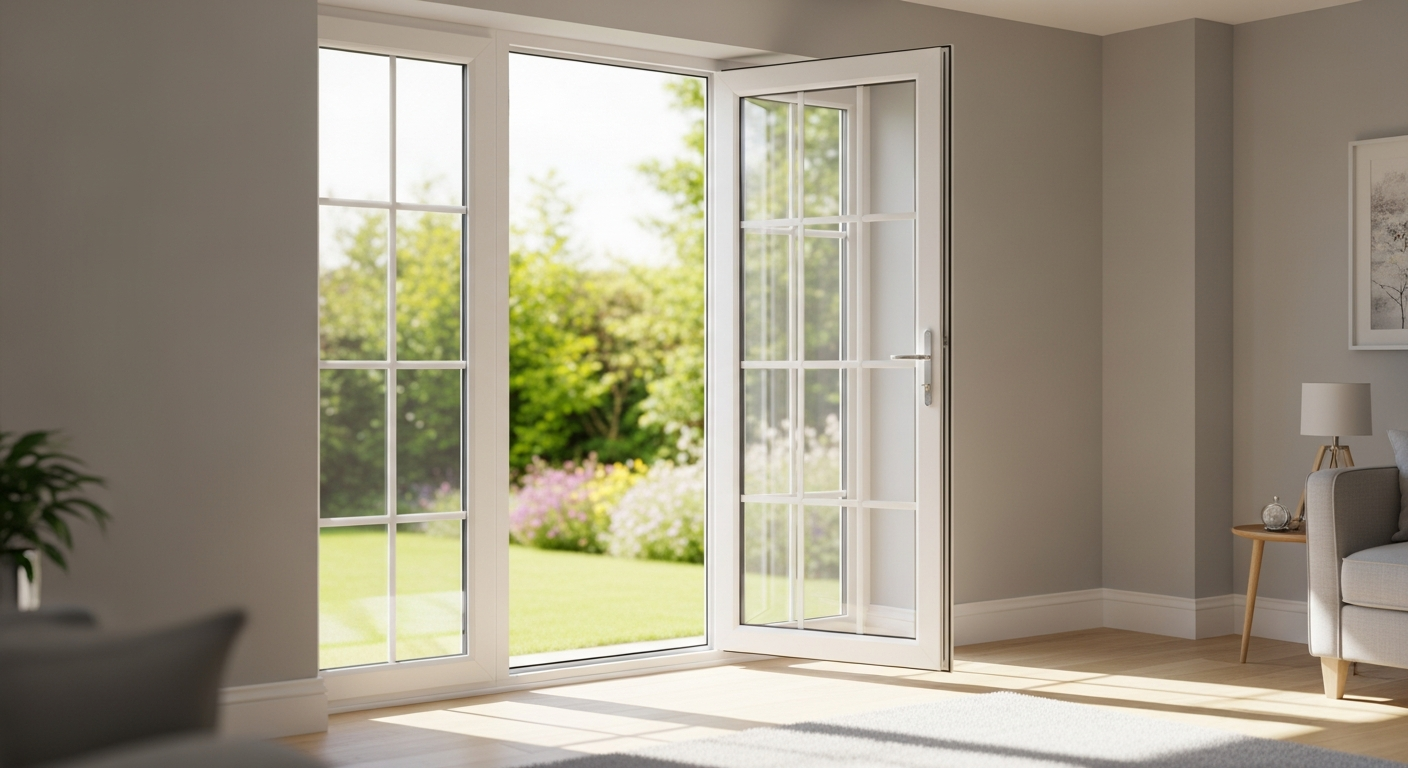 Modern PVC patio door with triple glazing and RAL color customization options displayed