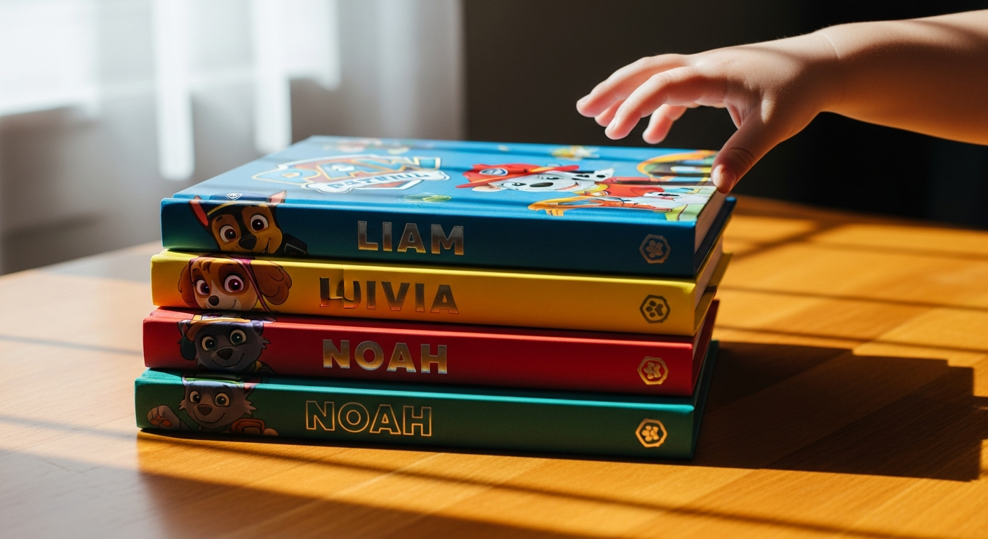 Child reading personalized PAW Patrol adventure book with custom character illustrations