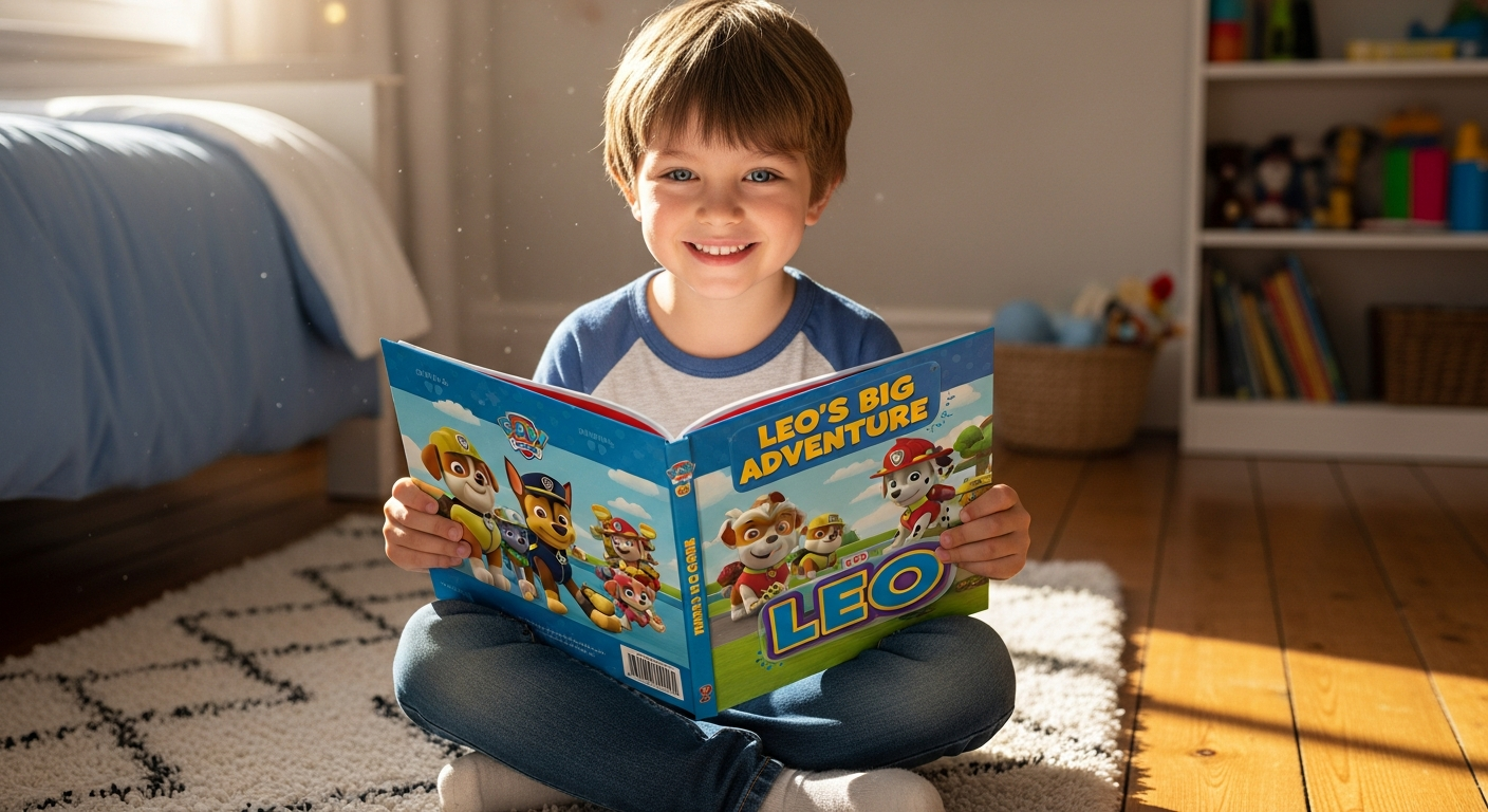 Child reading personalized PAW Patrol adventure book with custom name and appearance
